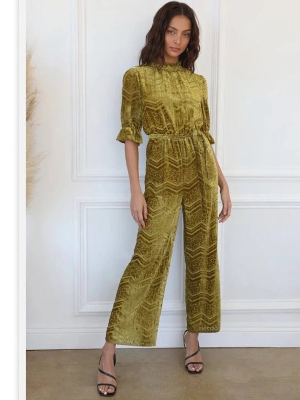 Adelyn Rae Olive Velvet High-Neck Wide-Leg Jumpsuit